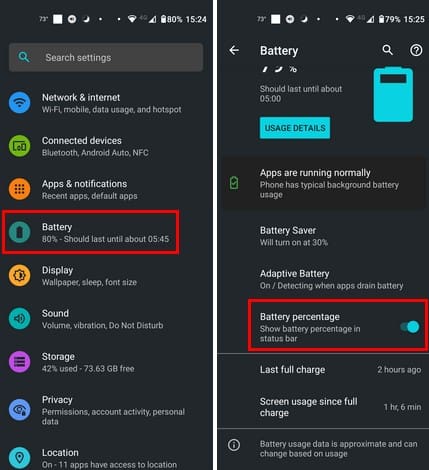 Battery percentage on Android non-Samsung