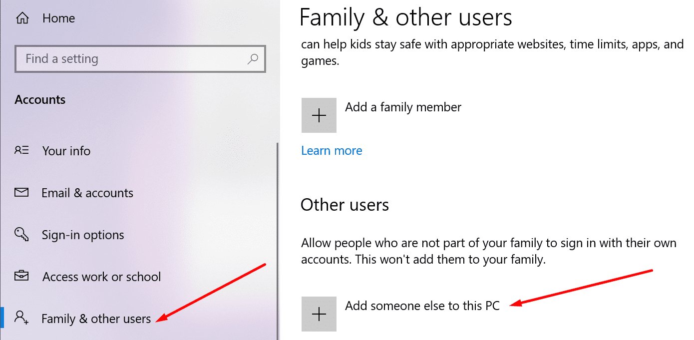 add someone else to this pc windows 10
