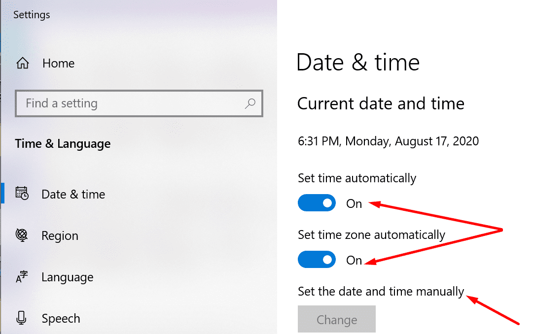date and time settings windows 10