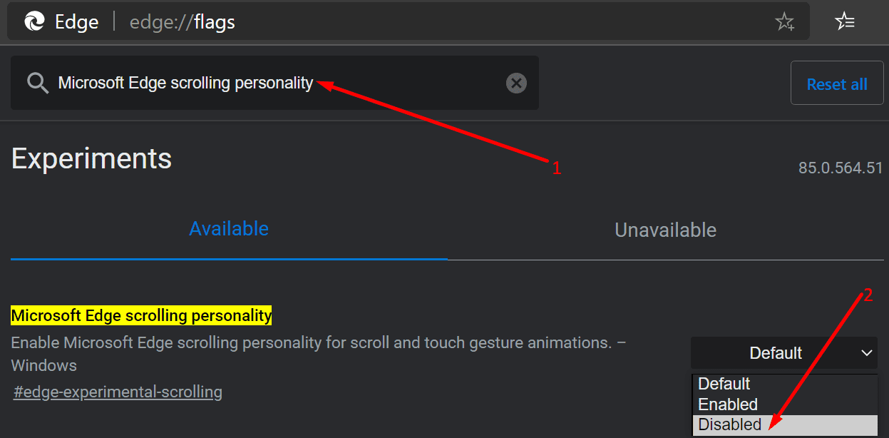 Microsoft Edge scrolling personality turn off