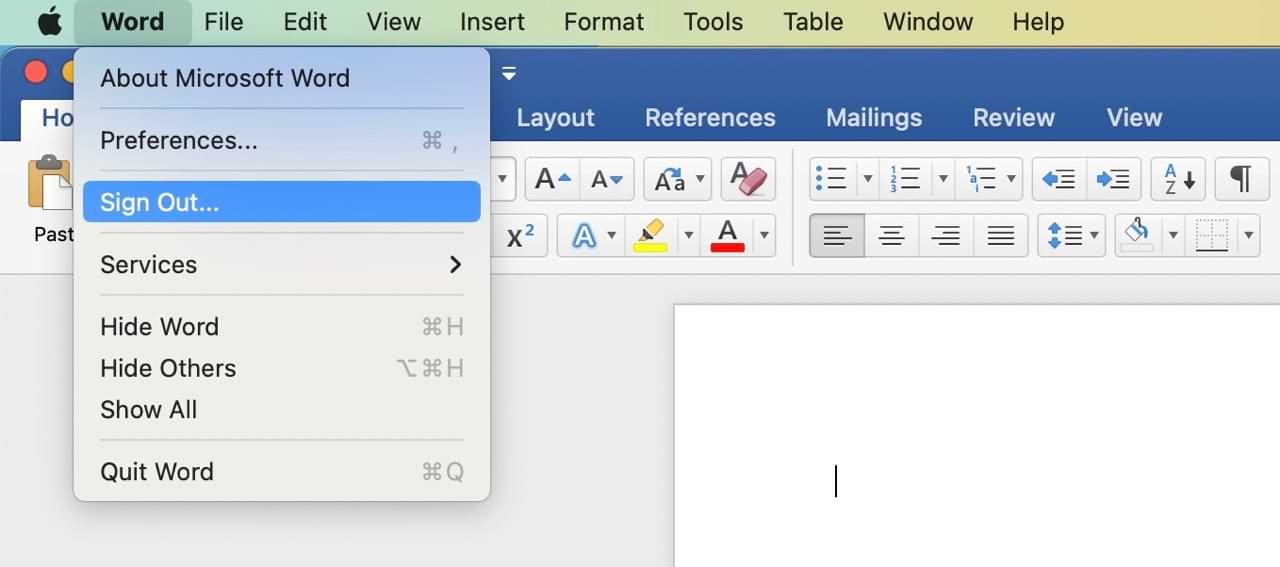 The option to sign out of Microsoft Word on your computer