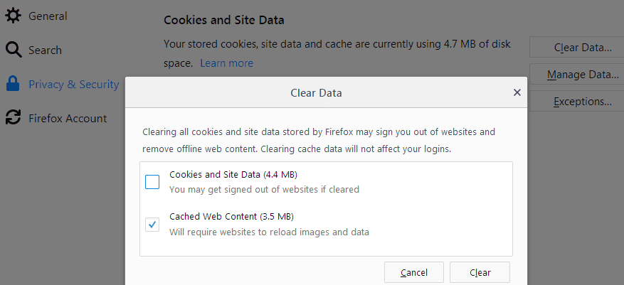 clear mozilla cache cookies