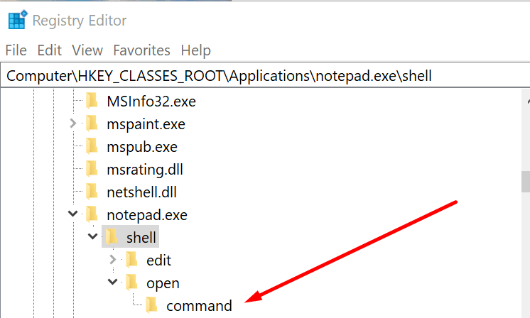 notepad exe shell windows registry