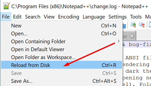 notepad ++ reload from disk