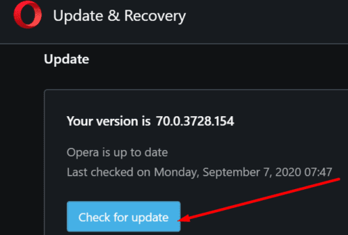 opera check for update button