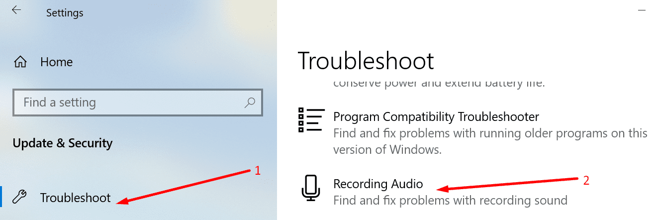 run recording audio troubleshooter windows 10