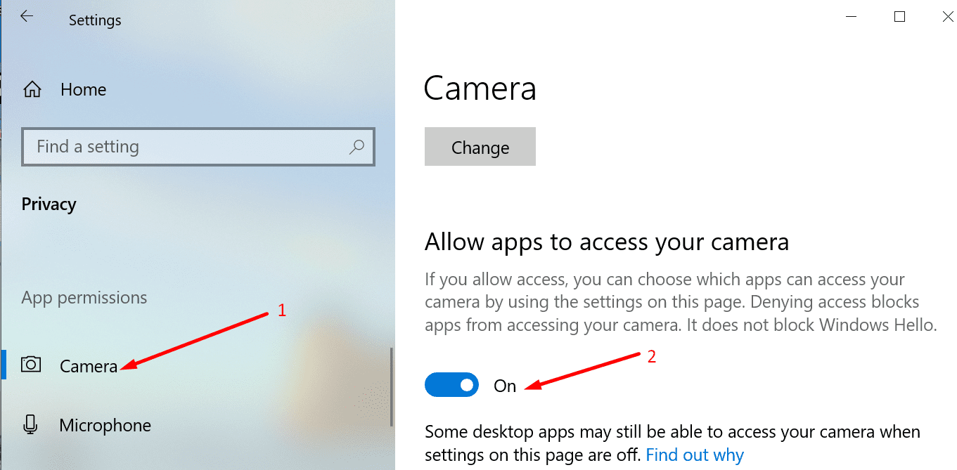 camera app permissions windows 10