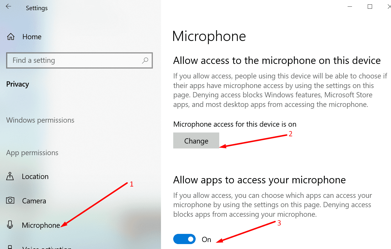 enable microphone access windows 10