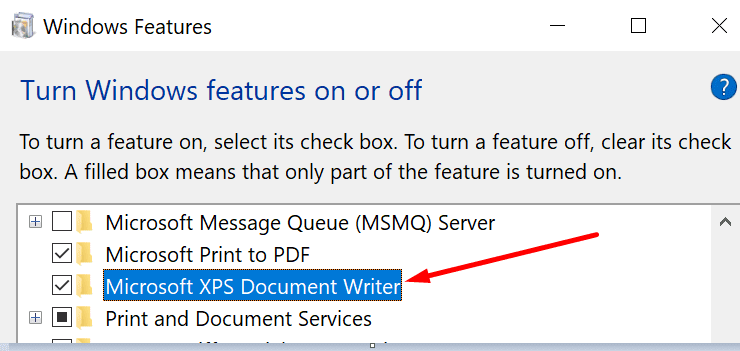 enable microsoft xps document writer