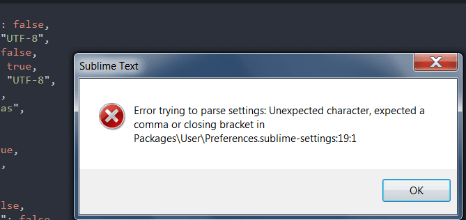 sublime text error trying to parse settings error