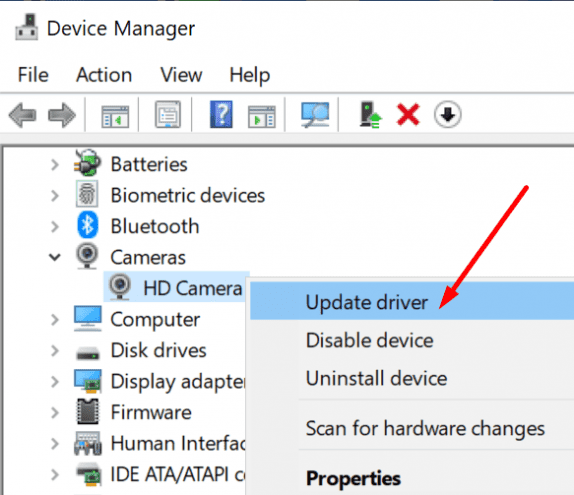 update webcam driver windows 10
