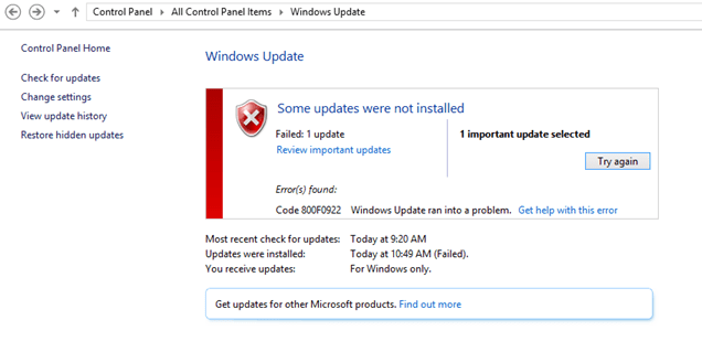 Windows Update Error Code 800f0922