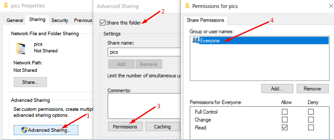 advanced sharing permissions folder windows 10