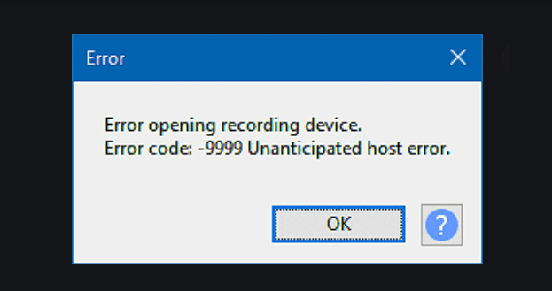 audacity error 9999 fix