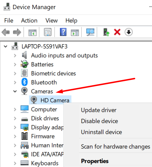device manager camera drivers