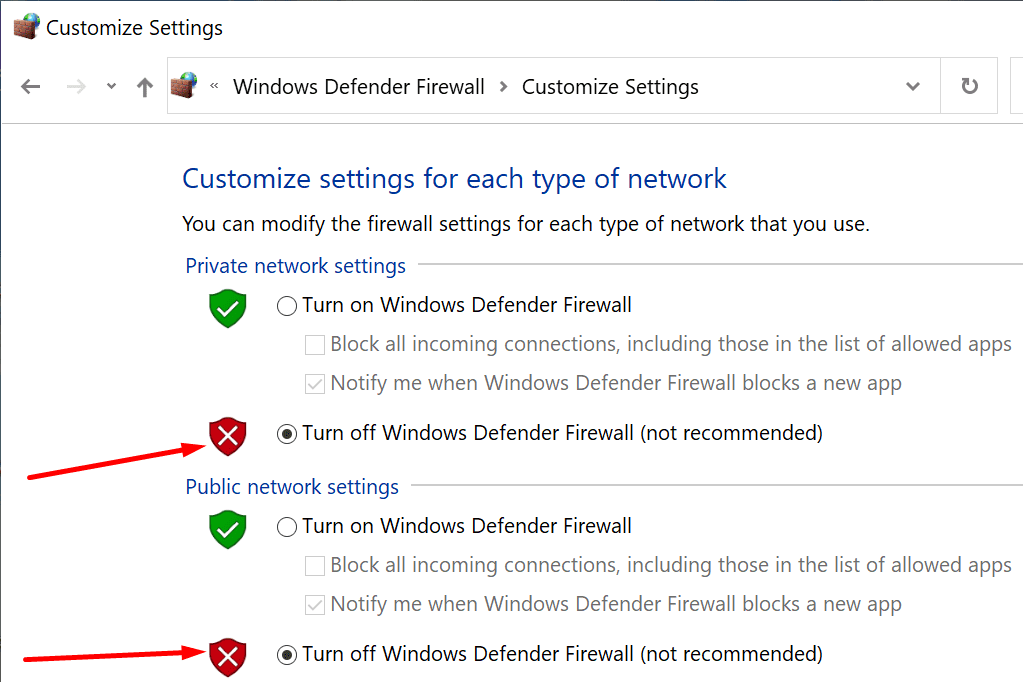 disable windows defender firewall
