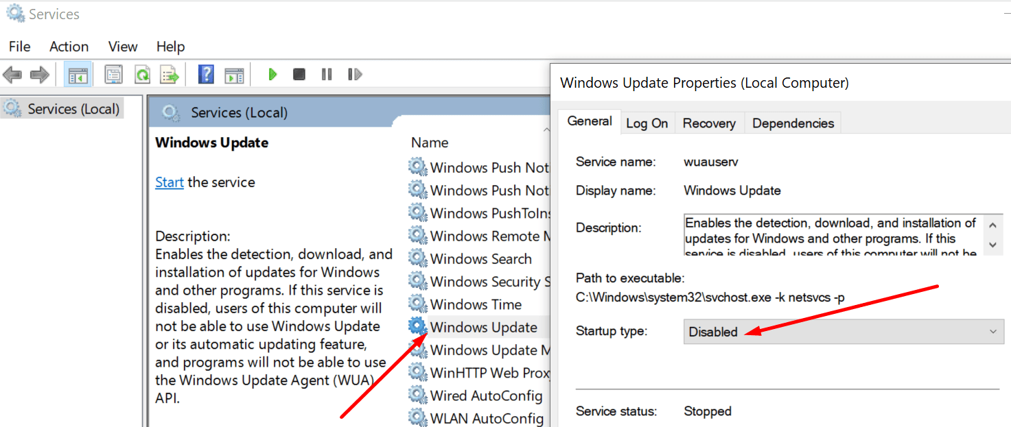disable windows update service