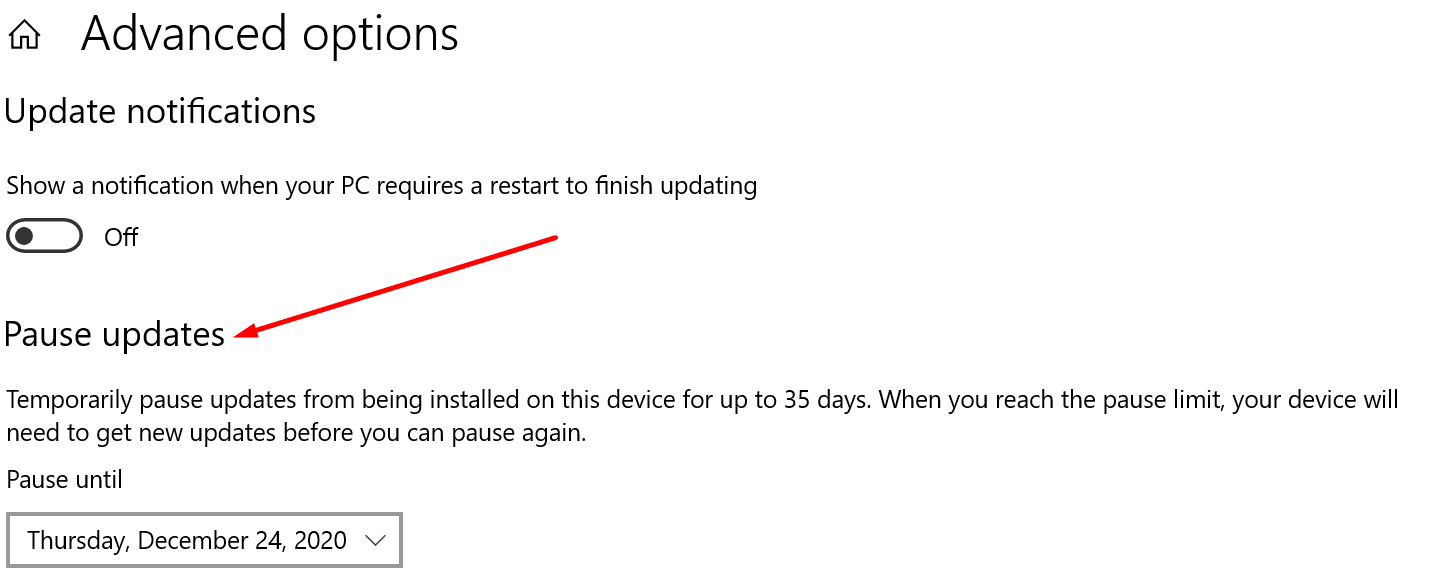 pause updates windows 10