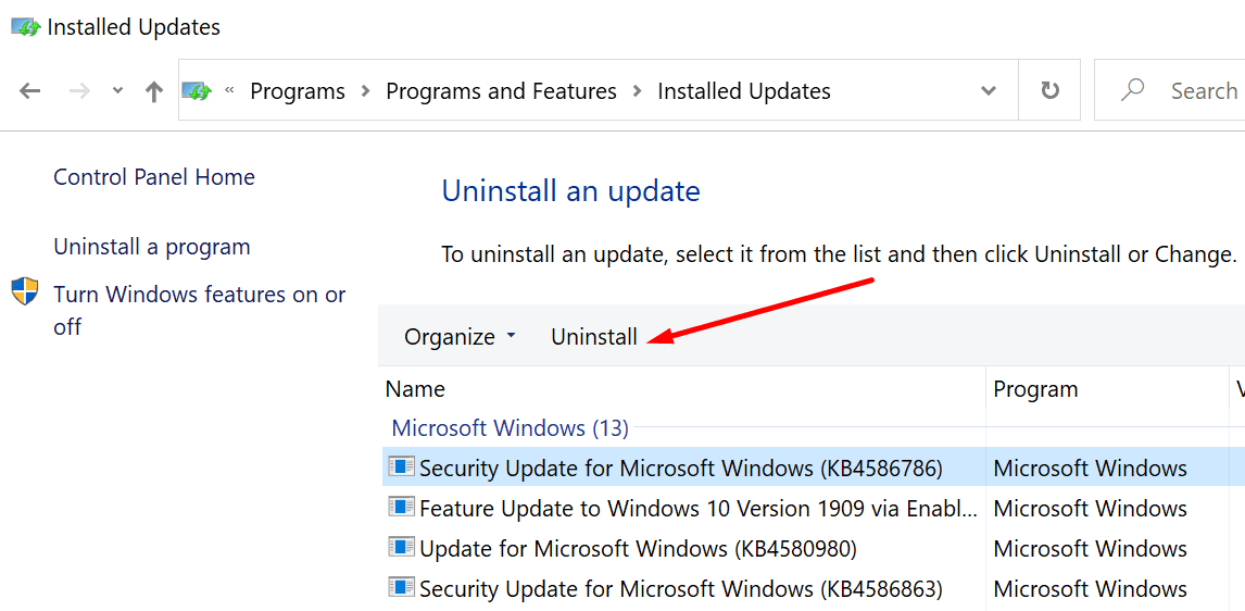 uninstall update windows 10