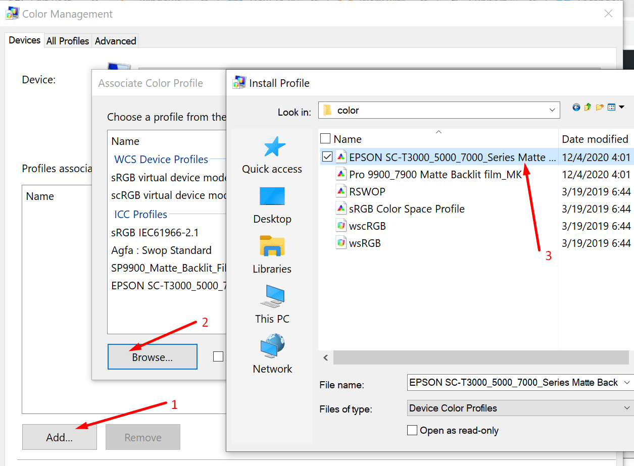 agregar gestión de color de perfil icc windows 10