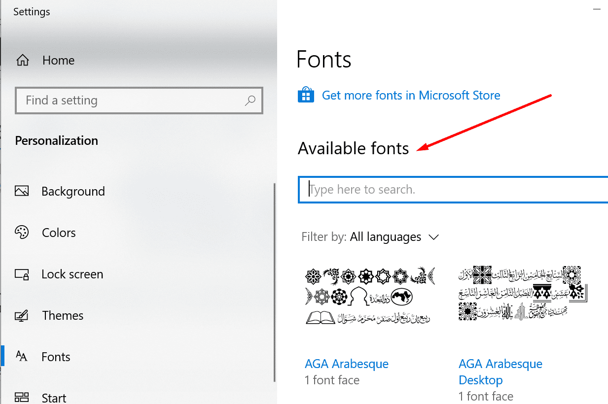 available fonts windows 10