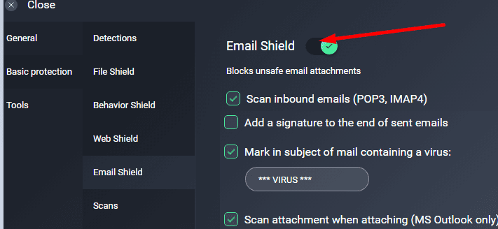 disable email shield avg
