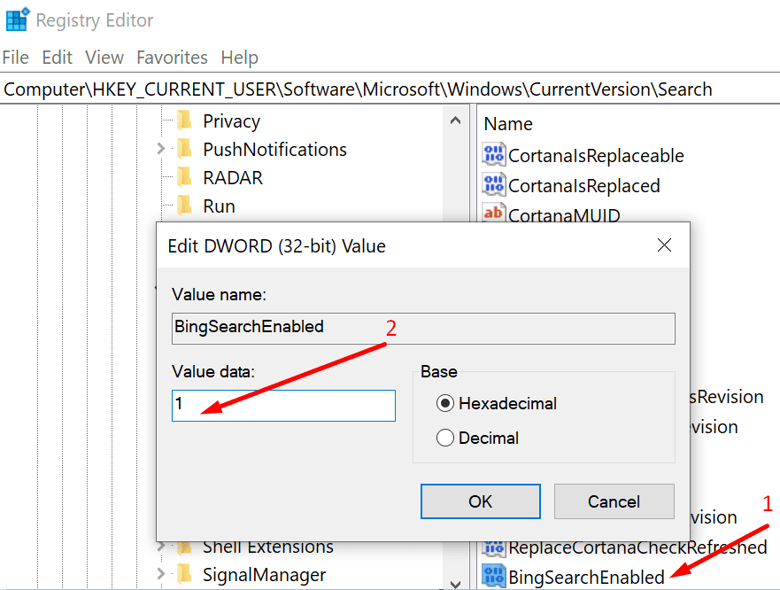 bingsearchenabled registry editor