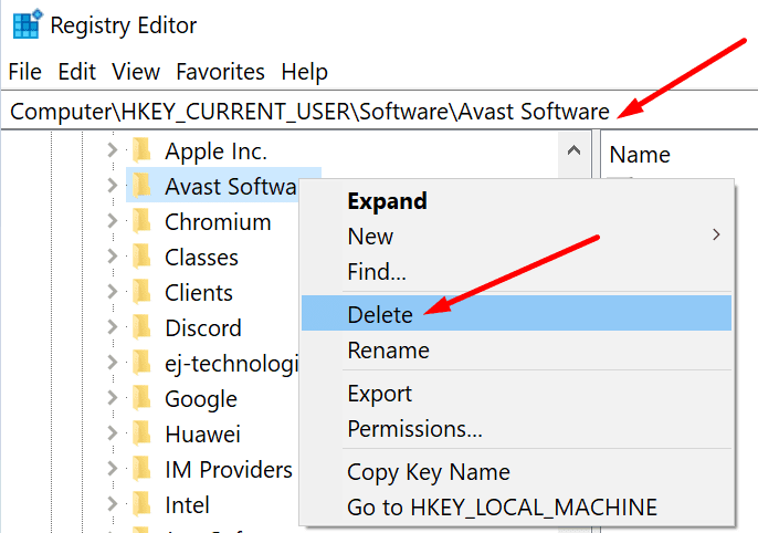 delete avast software registry editor