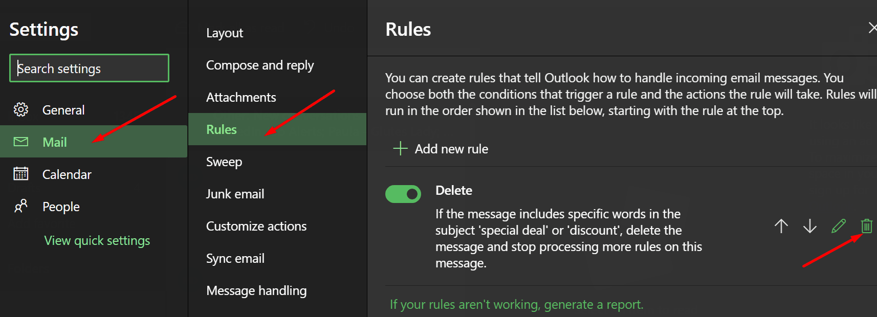 delete outlook rules