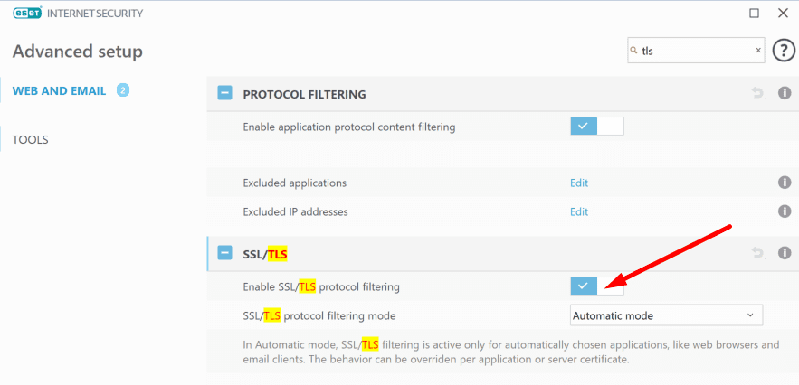 disable eset ssl tls protocol filtering