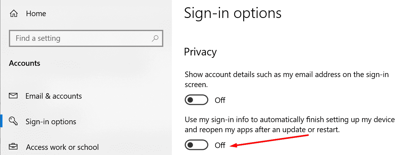 disable sign-in info after update or restart