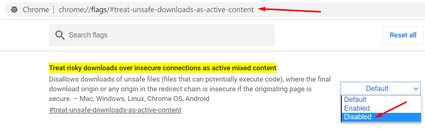 disable treat unsafe downloads as active content
