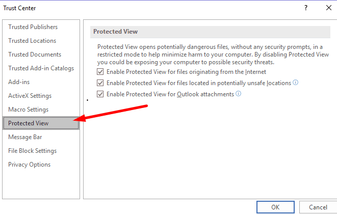 excel protected view settings