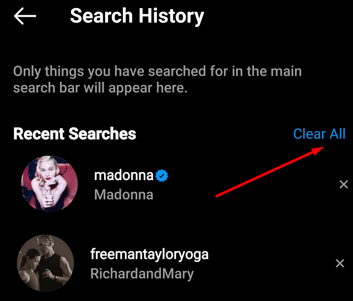 instagram clear all search history