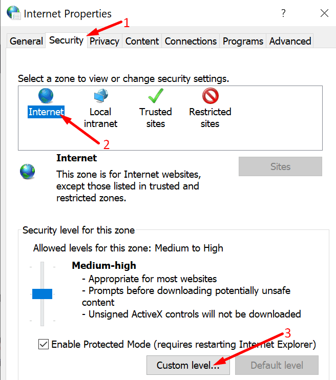 internet security settings windows 10