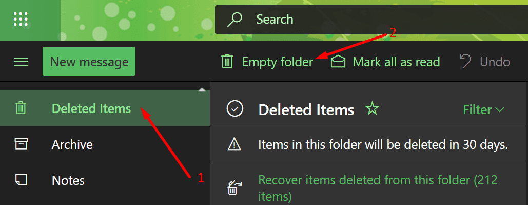 outlook empty deleted items folder