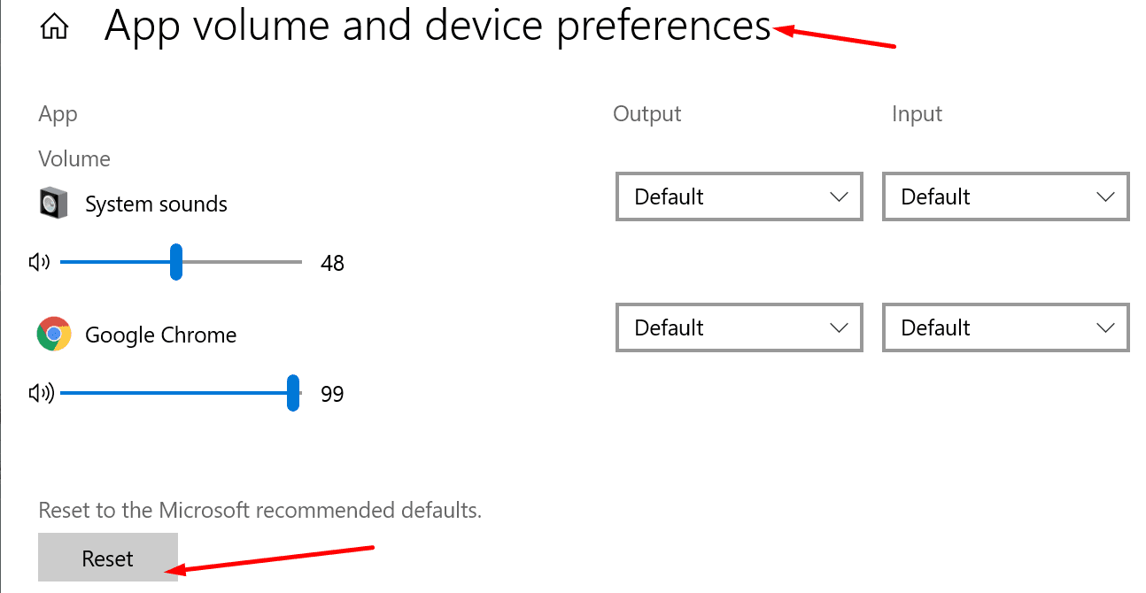 reset app volume settings windows 10