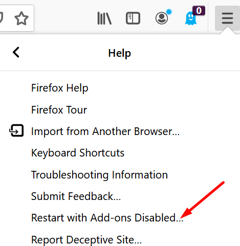 restart firefox with add-ons disabled