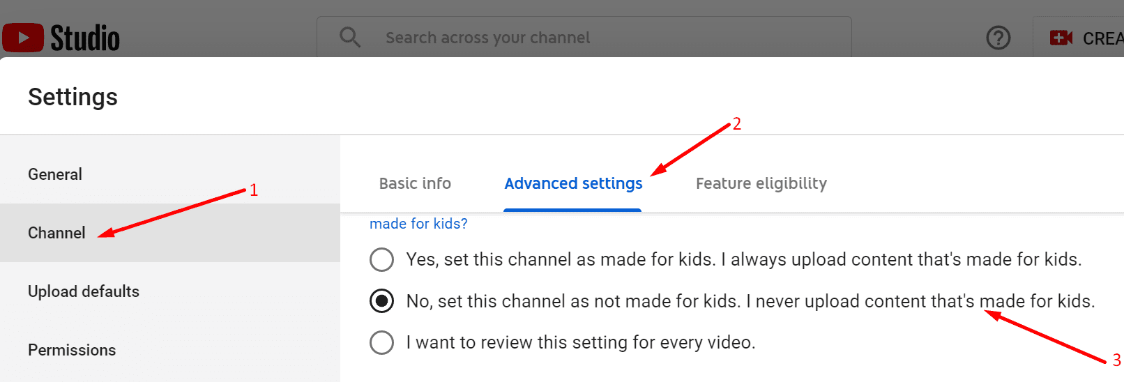 set youtube channel not made for kids