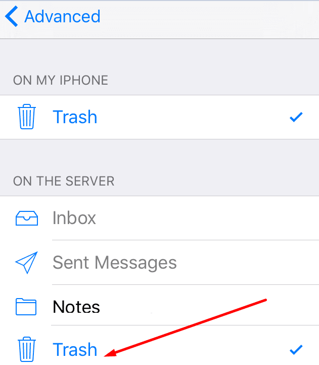 trash mail folder server iphone