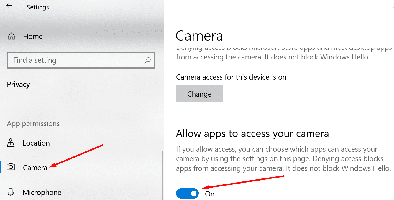 Allow apps to access your camera windows 10