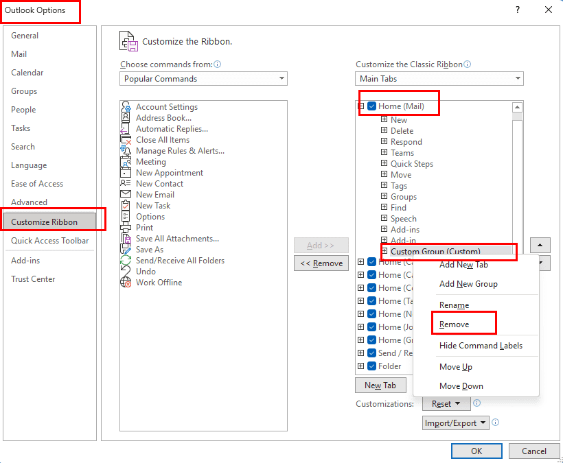 How to delete custom groups or buttons from Outlook 365