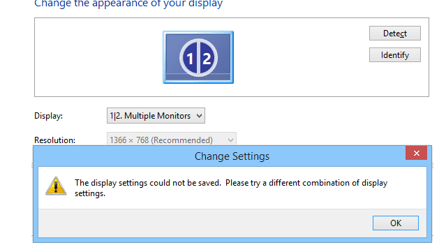 The display settings could not be saved