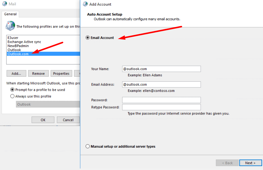 add outlook.com account exchange protocol