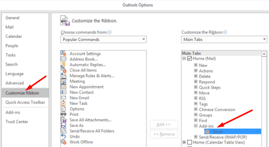 add store add-in outlook ribbon