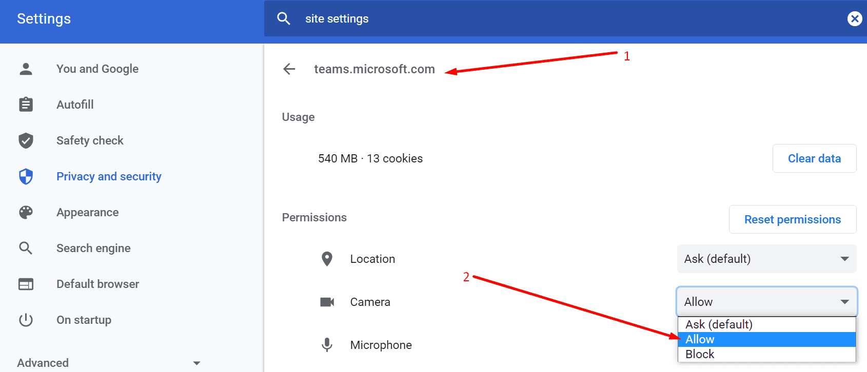 allow teams for the web to access camera