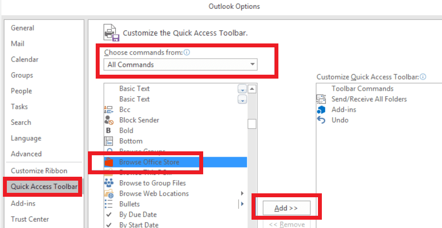 browser office store outlook toolbar