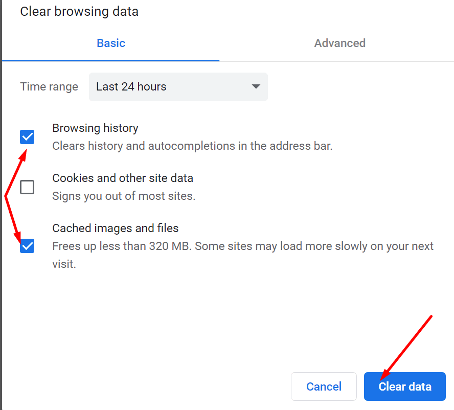 chrome clear browsing data