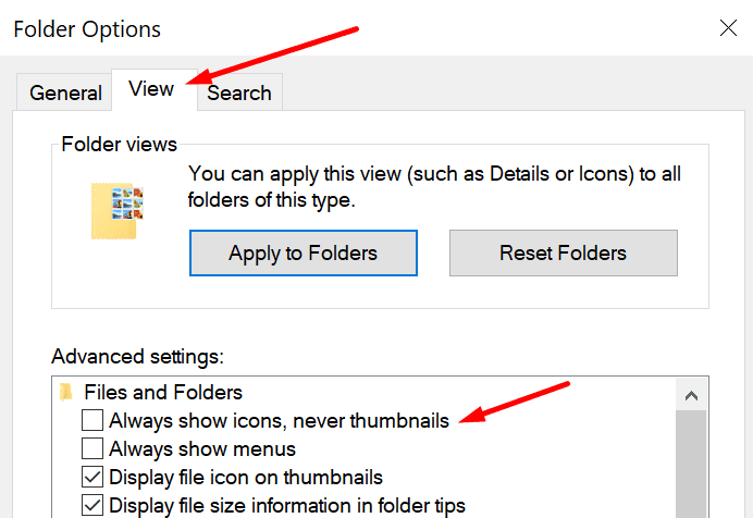 file explorer always show icons never thumbnails