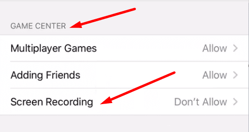 game center screen recording settings iphone
